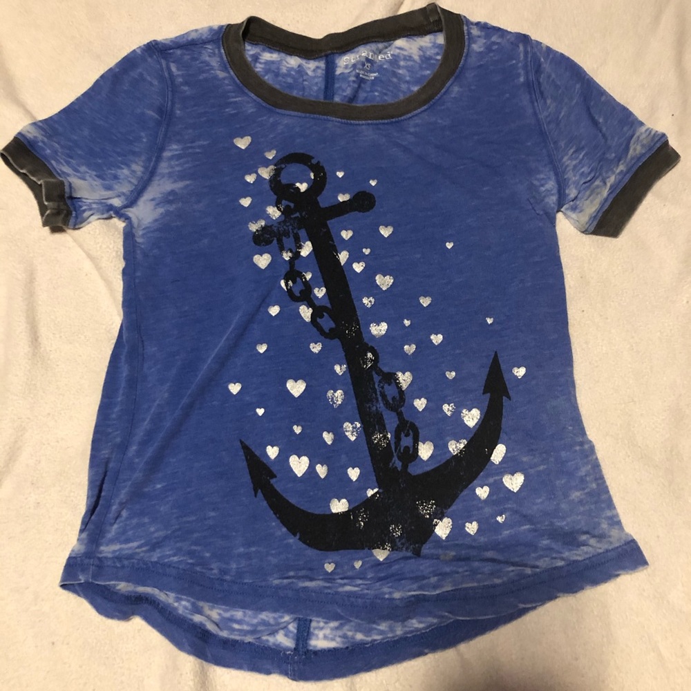 *6 for $10!* Blue Worn Look Silver Heart Anchor Ringer Shirt